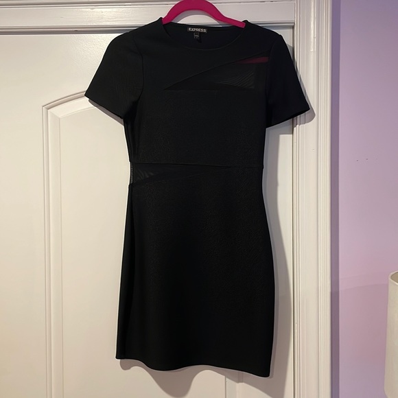 express black mesh dress V-neck Mesh Balloon Sleeve Ruched Mini Sheath Dress